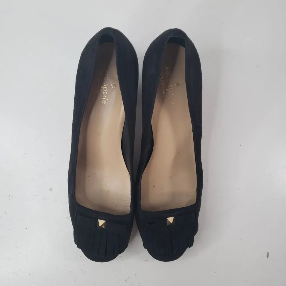 Kate Spade Kiltie Block Heel Pumps Sz 10 Black Suede Slip On Dressy Bow Heels - Picture 4 of 12